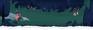 Two people sitting in a forest at night, reading books.