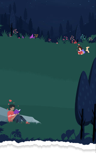 Two people reading books in a forest at night.